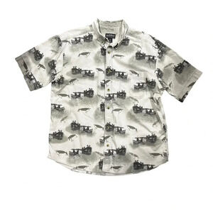 Woolrich‎ Mens L White Grey Button Down Shirt Canoe Fishing Lures Pattern